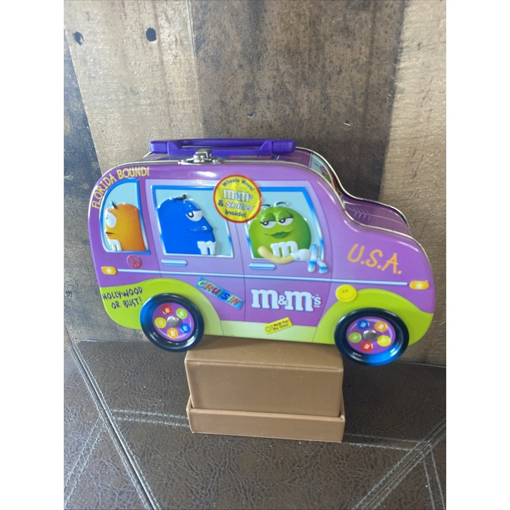 Vintage 2002 M&M's Road Trip Tin Lunch Box Van SUV - Purple w/‎ Moving Wheels